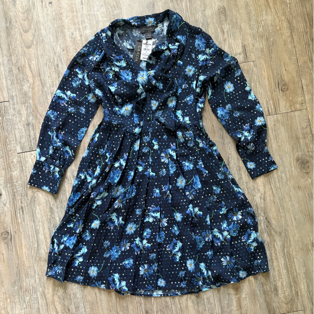 Gracia Women's Long Sleeve Scarf Neck Pleated Floral Midi Dress, Various Sizes